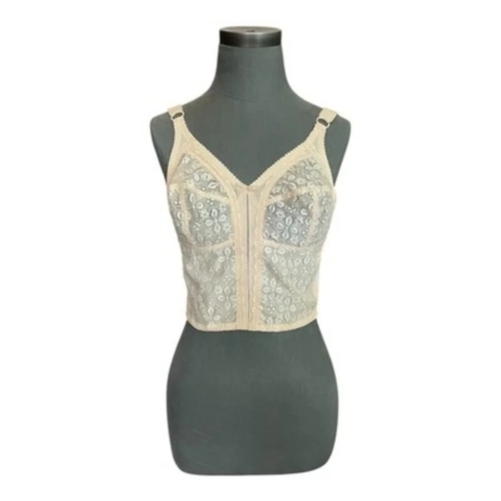 Vintage Triumph Longline Bra Bustier 36C Beige Floral Lace Corset PinUp Lingerie